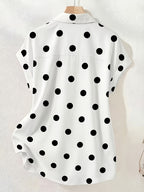 Summer Fashion Black And White Polka Dot Single-Button Off-Shoulder Short Sleeve Shirt, Elegant Casual Women'S Top, Suitable for Office Commute And Daily Wear, Polka Dot Print, Wrinkle-Resistant, Easy Care, Machine Washable - White