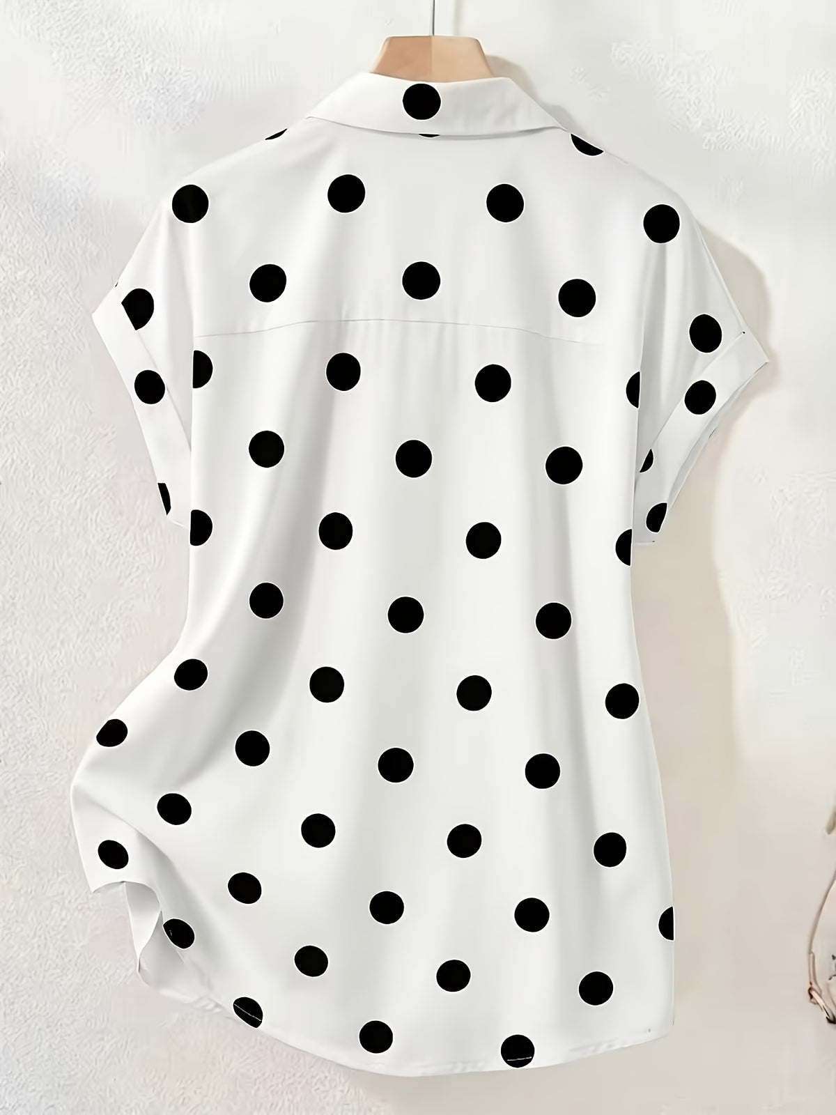 Summer Fashion Black And White Polka Dot Single-Button Off-Shoulder Short Sleeve Shirt, Elegant Casual Women'S Top, Suitable for Office Commute And Daily Wear, Polka Dot Print, Wrinkle-Resistant, Easy Care, Machine Washable - White