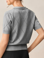 Women's Collar Rhombus Pattern Short Sleeve Top, Versatile Commuter Style for Spring and Summer - Space Gray