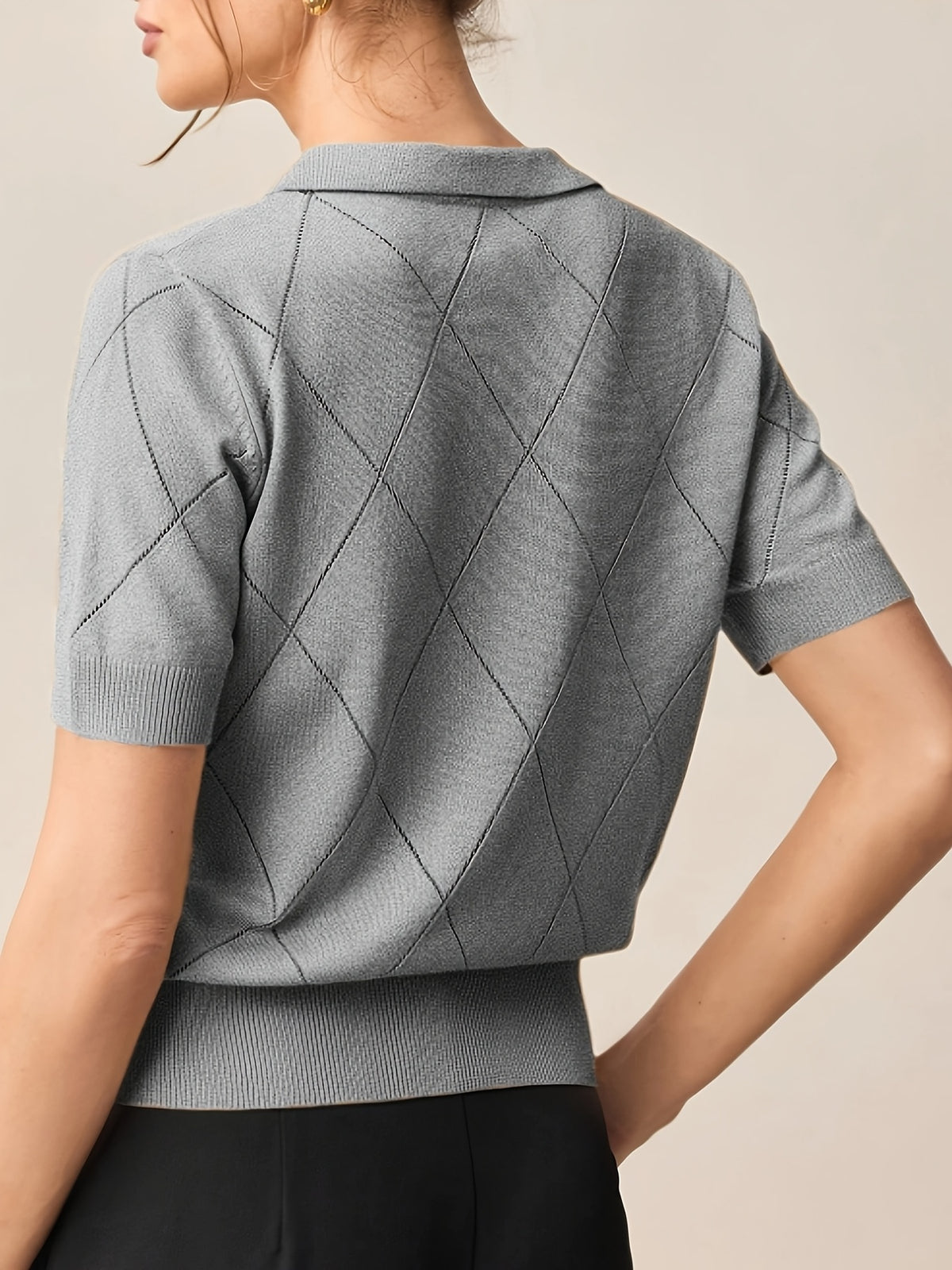 Women's Collar Rhombus Pattern Short Sleeve Top, Versatile Commuter Style for Spring and Summer - Space Gray