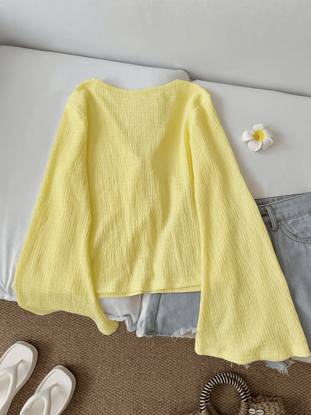 Solid Color Front-Tie Bow Open-Front Fashion Flared Sleeve Blouse New Women'S Short Top - Lemon Yellow