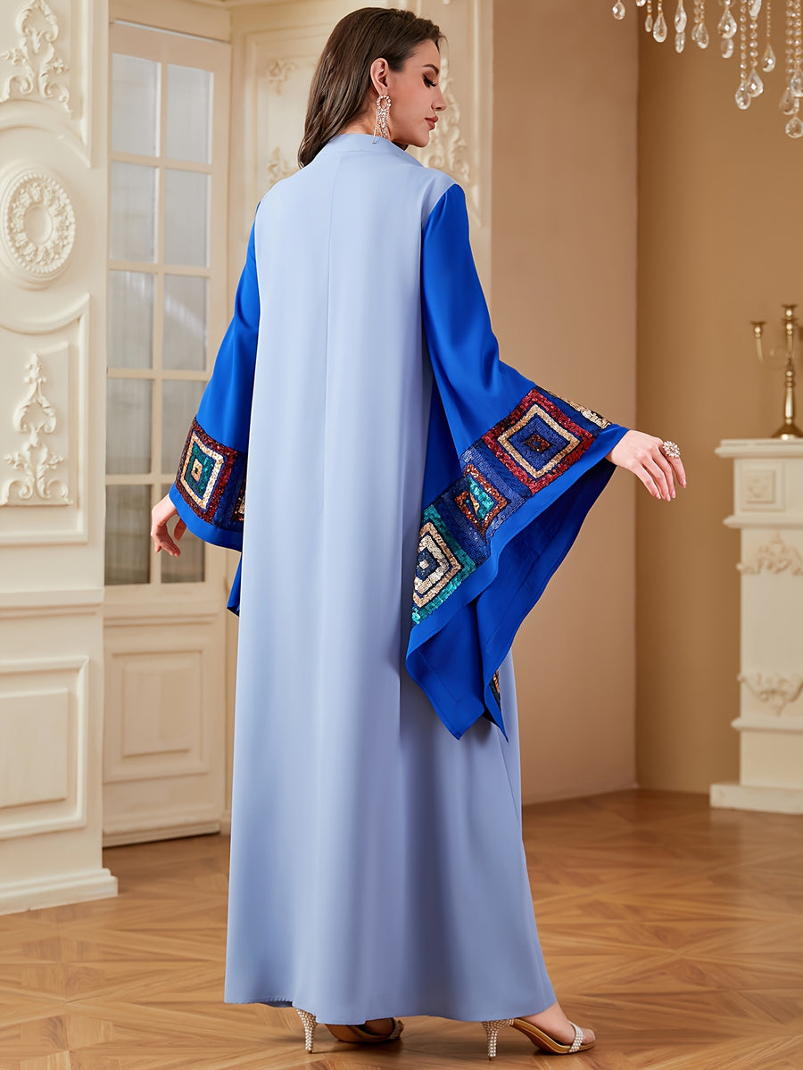 Women'S Spring Summer Fashion Sequin AppliquƩ Patchwork Ribbon V-Neck Contrast Loose Long Sleeve Arab Banquet Dress - Light Grey