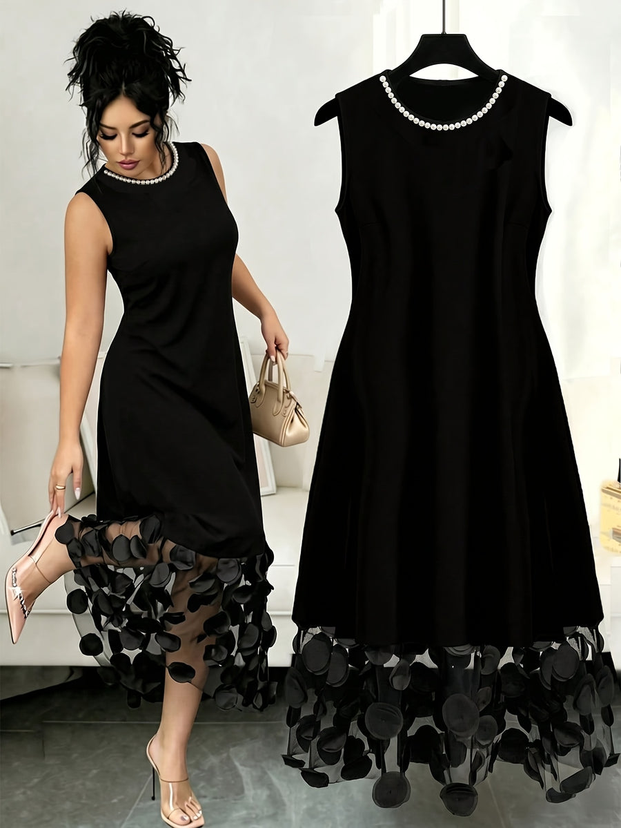 Fashion Solid Color Versatile Round Neck Elegant Women'S Dress, with 3D Patchwork Hem And Beaded Neckline, Summer New Style, Suitable for Elegant Daily Wear, Social Gatherings, Commuting, Outings, Vacations, And More - Black