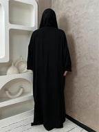 IRONFREE Elegant Crepe Hooded Abaya Hijab with Attached Scarf & Pockets - Modest Long Sleeve Full Coverage Prayer Dress, Machine Washable Medium Stretch Solid Color All-Season Traditional Muslim Women's Clothing, Muslim Clothes, Modest Apparel, Medium - Black
