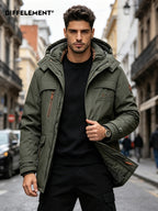 DIFFELEMENT Men's -Lined Hooded Parka Padded Coat, Windproof and Warm, Multi-Pocket Workwear Jacket with Detachable Hood, Elastic Cuffs, Regular Fit, Suitable for Cold Weather, Urban Streetwear, Skiing, Hiking, Winter Daily Work, and Casual Wear - fern green