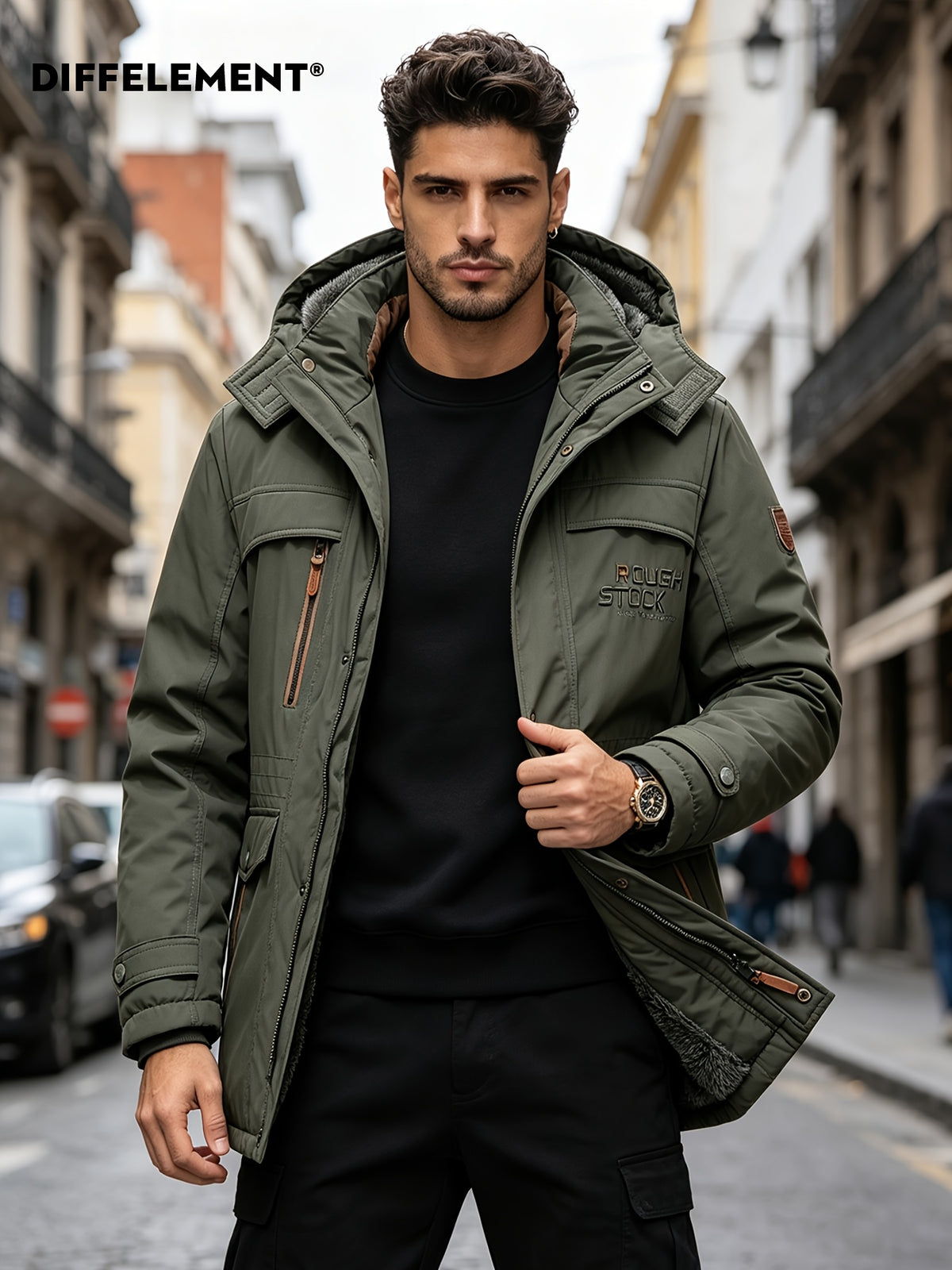 DIFFELEMENT Men's -Lined Hooded Parka Padded Coat, Windproof and Warm, Multi-Pocket Workwear Jacket with Detachable Hood, Elastic Cuffs, Regular Fit, Suitable for Cold Weather, Urban Streetwear, Skiing, Hiking, Winter Daily Work, and Casual Wear - fern green