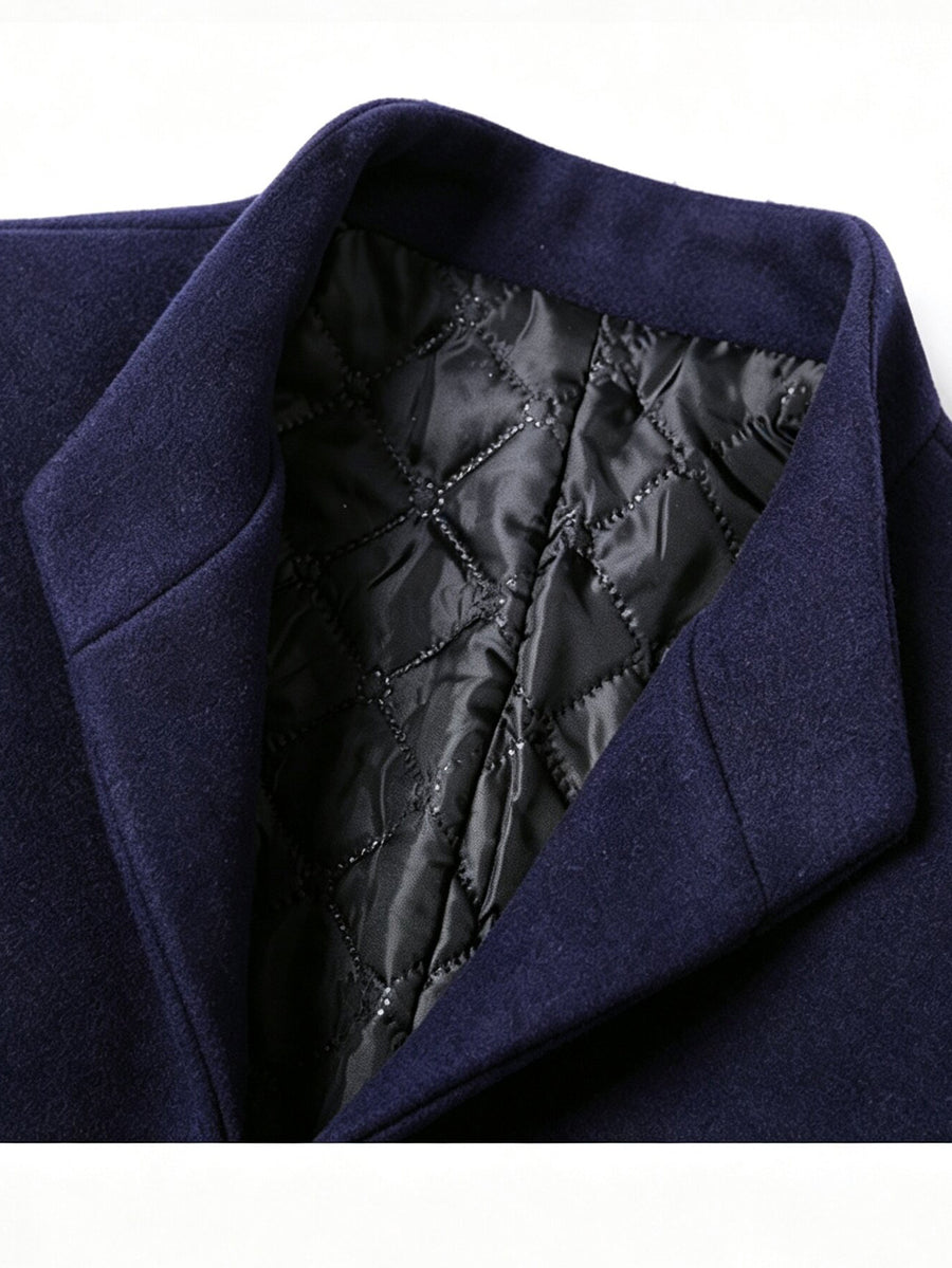 Autumn Winter Thick Warm Windproof Solid Color Stand Collar Coat, Classic Easy Retro Casual All-Match British Old Money Style Elegant Gentleman Jacket - Navy Color