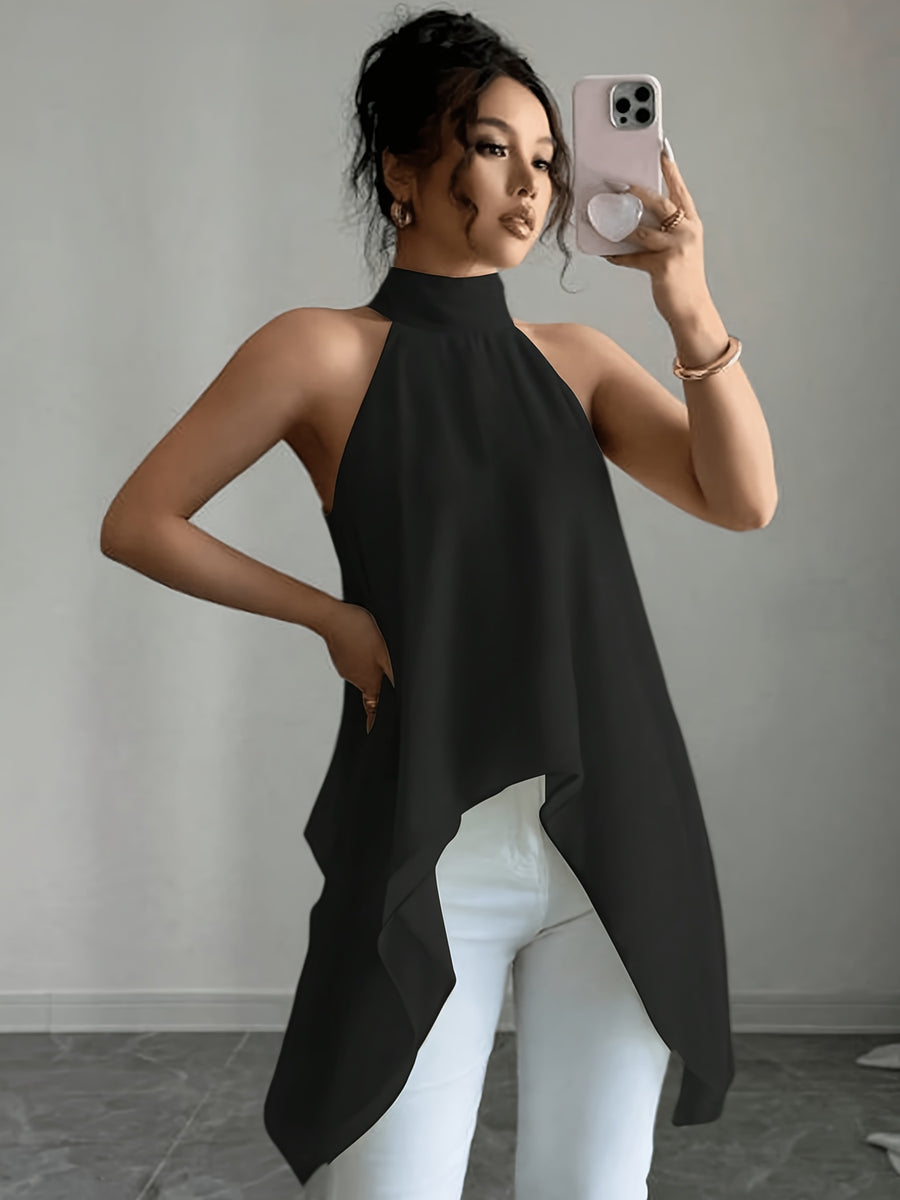 Spring-Summer Elegant Fashion Design Halter Tie-Neck Shirt - Black