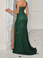 New Fashion Apricot Women'S Dress, Luxurious Elegant Temperament Off-Shoulder Dress with Slit And High Waist, Long Formal Evening Gown - Dark Green