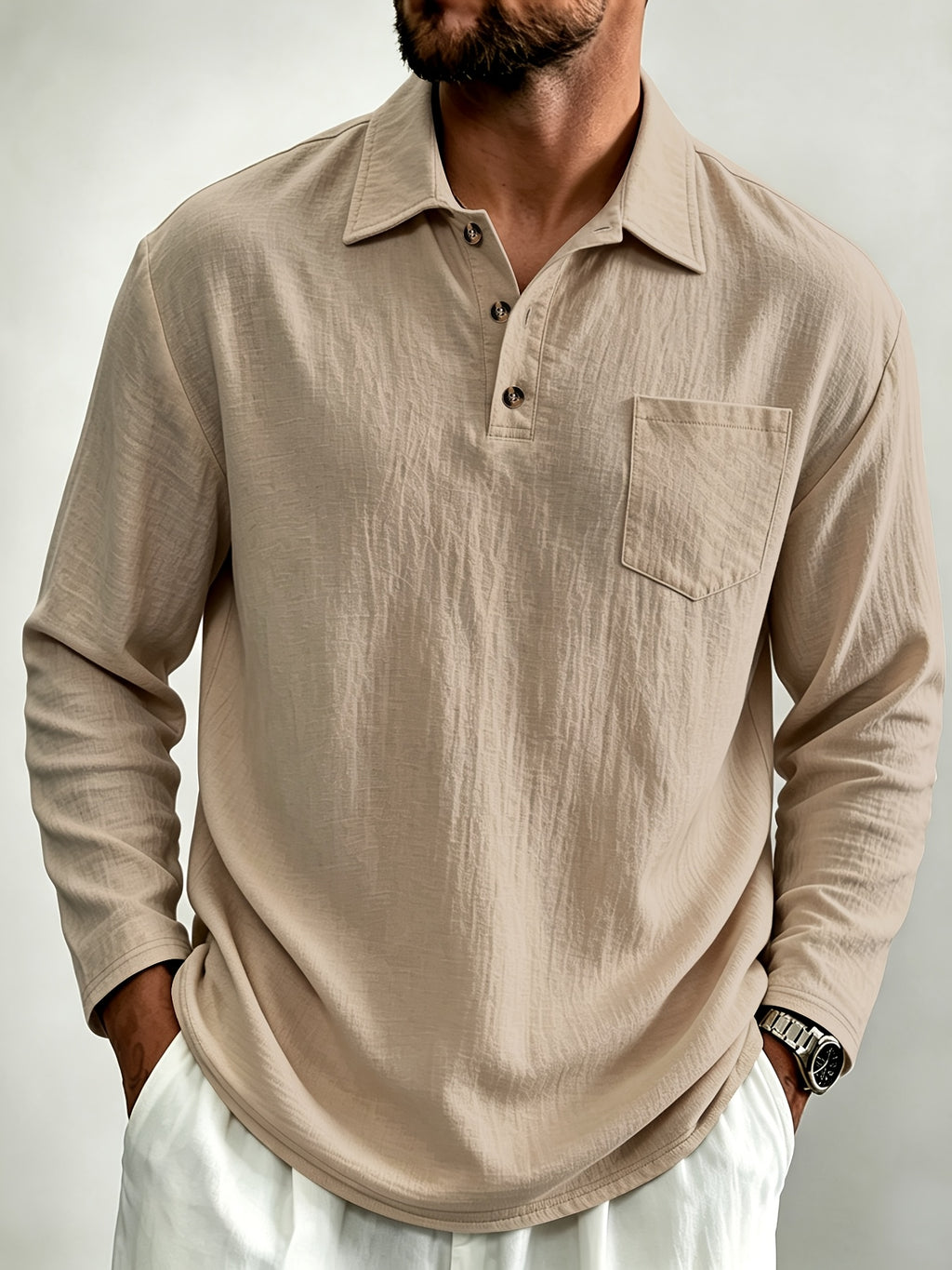 Men'S Linen Long Sleeve Polo Shirt with Chest Pocket - Khaki