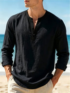 Spring/Autumn New Arrival Men's Cotton-Cotton and Linen Henley Long Sleeve Shirt, 2pcs, Solid Color Casual Top - Navy Blue + Black