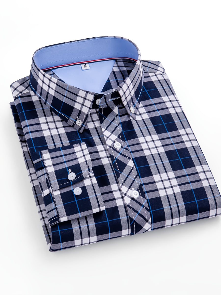 New Plaid Shirt for Men, Long Sleeve, European/American Sizing, Suitable for All Seasons and Commuting, Two-Tone Color Block Design, Four-Season Casual Shirt. Ideal for Men's Daily Wear, Vacation, Leisure, and Streetwear. The Casual Plaid Shirt - Blue-gray