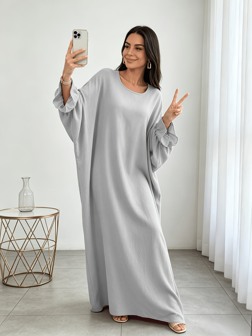 1pc Moisture-Wicking Breathable Fabric Loose Comfortable Batwing Dress Casual All-Match Abaya Suitable for Women'S Daily Wear Without Headscarf, Summer Abaya Women Abaya Women Muslim Dress Robe Summer Abaya Women - Light Grey