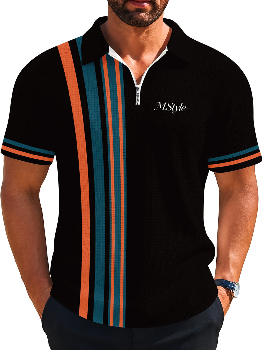 Men'S Asymmetrical Vertical Stripe Half-Zip Polo Shirt, Summer Waffle Breathable Light Mature Style Short Sleeve T-Shirt, Men'S Business Casual Asymmetrical Striped Polo Shirt, Commute Half-Zip Collar Breathable Short Sleeve Top - Mixed colors