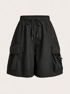 Solid Color High-waist Wide-leg Shorts, Casual Workwear-style Shorts with a Practical Multi-pocket Design, Suitable for Outdoor Leisure and Daily Wear - Black