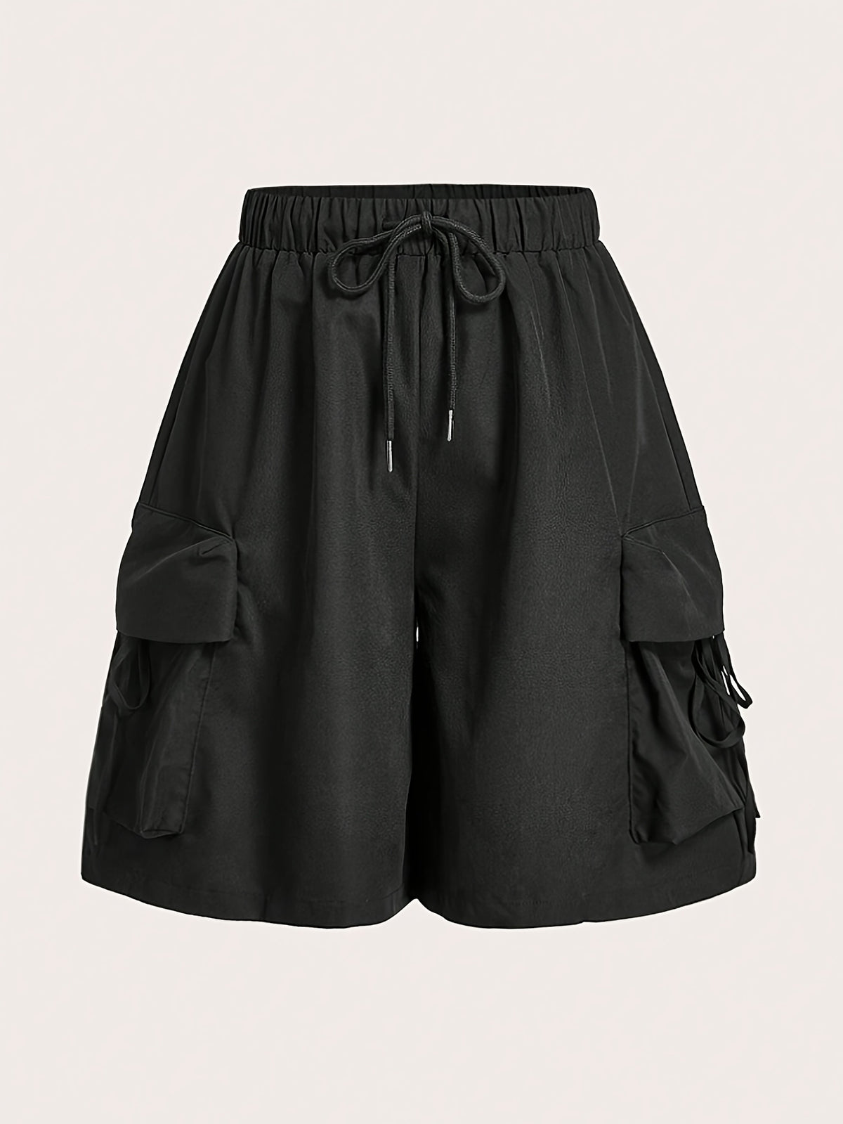 Solid Color High-waist Wide-leg Shorts, Casual Workwear-style Shorts with a Practical Multi-pocket Design, Suitable for Outdoor Leisure and Daily Wear - Black