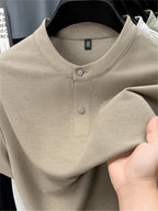 Men'S Henley Shirt Summer New Style, Solid Color Round Neck Top, Half-Button Placket, Button Closure Design, Layering with Thin Jacket, Versatile for Business Office, Golf Sports, Casual Outings, Short Trips, Father'S Day Gift, Men'S Gift - Khaki