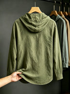 2pcs Men'S Linen-Like Hooded Henley Long Sleeve Sweatshirt Set, Breathable Thin Solid Color Half-Open Placket Casual Pullover Henley Shirt, Soft Comfortable Textured Fabric Fresh And Non-Stuffy, Loose Slimming Versatile Fit - 2pcs【Army Green+Gray】