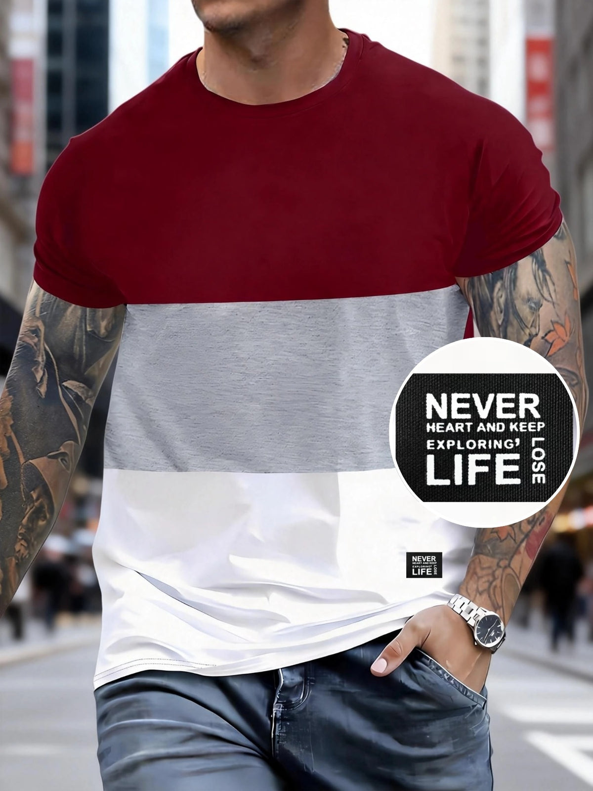180g 100% Men's Three-Color Patchwork Short-Sleeve Top, Positioning Badge "NEVER LIFE": Summer All-Season Base Layer, Factory-Made for Men, Comfortable, High-Quality, High-Fit Rate, Casual Sportswear - Multicolor 6