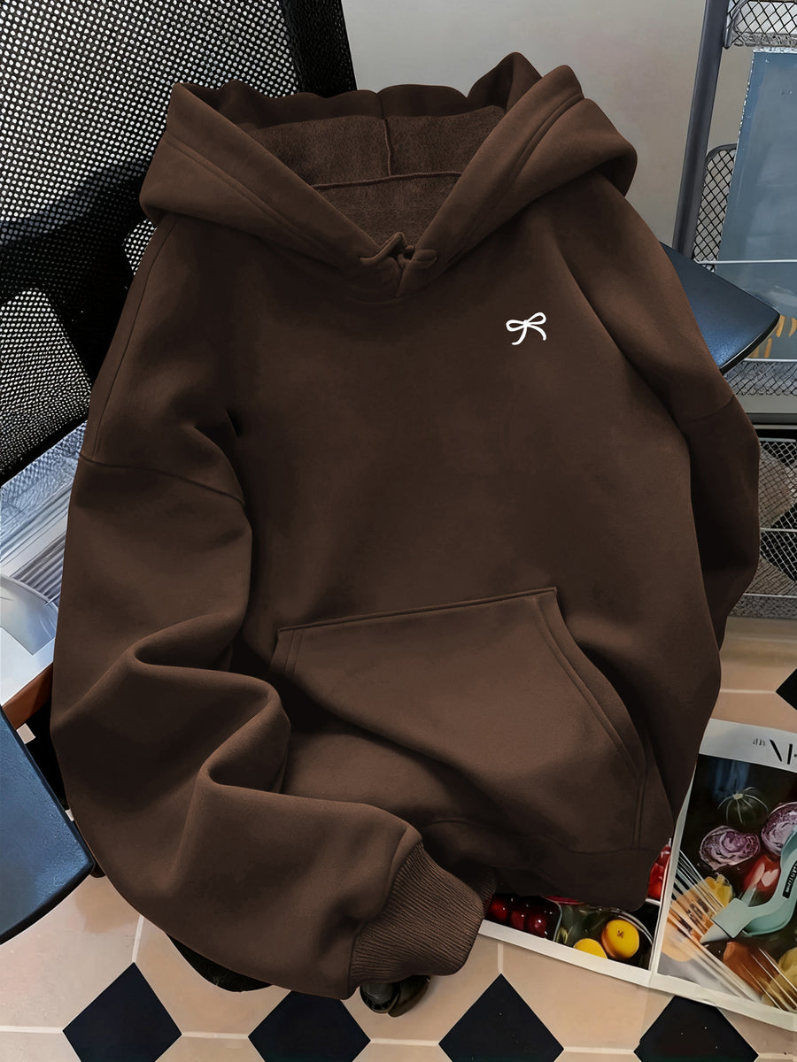 Women'S Fashion Classic Cute Bowknot Pattern Print Autumn/Winter Warm Lined Sweatshirt Hoodie Women'S Everyday Wear Top Kangaroo Pocket - Coffee Color
