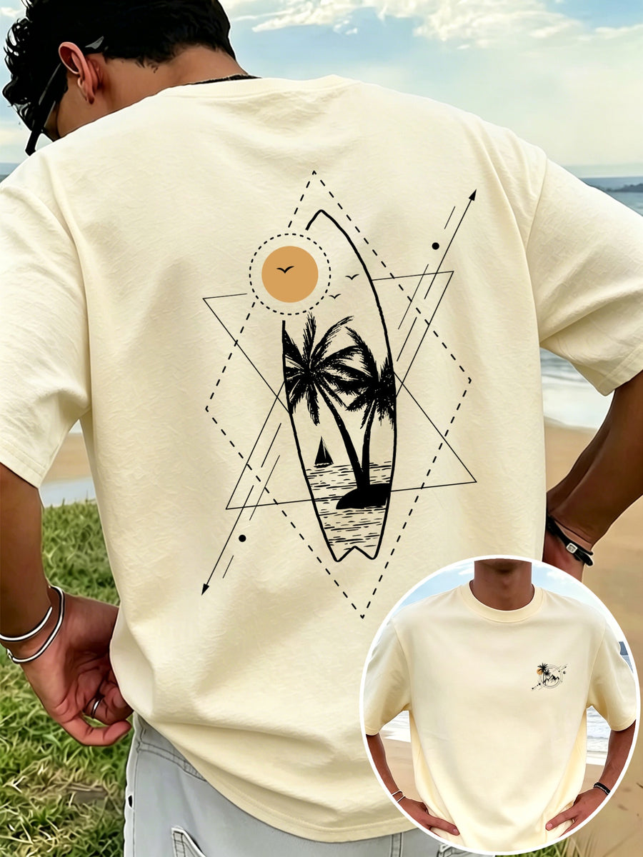 New Men's 100% Pure Cotton T-Shirt with Surfboard, Coconut Tree, and Sun Print, Comfortable and Breathable for Summer Casual Beach Vacations - Apricot