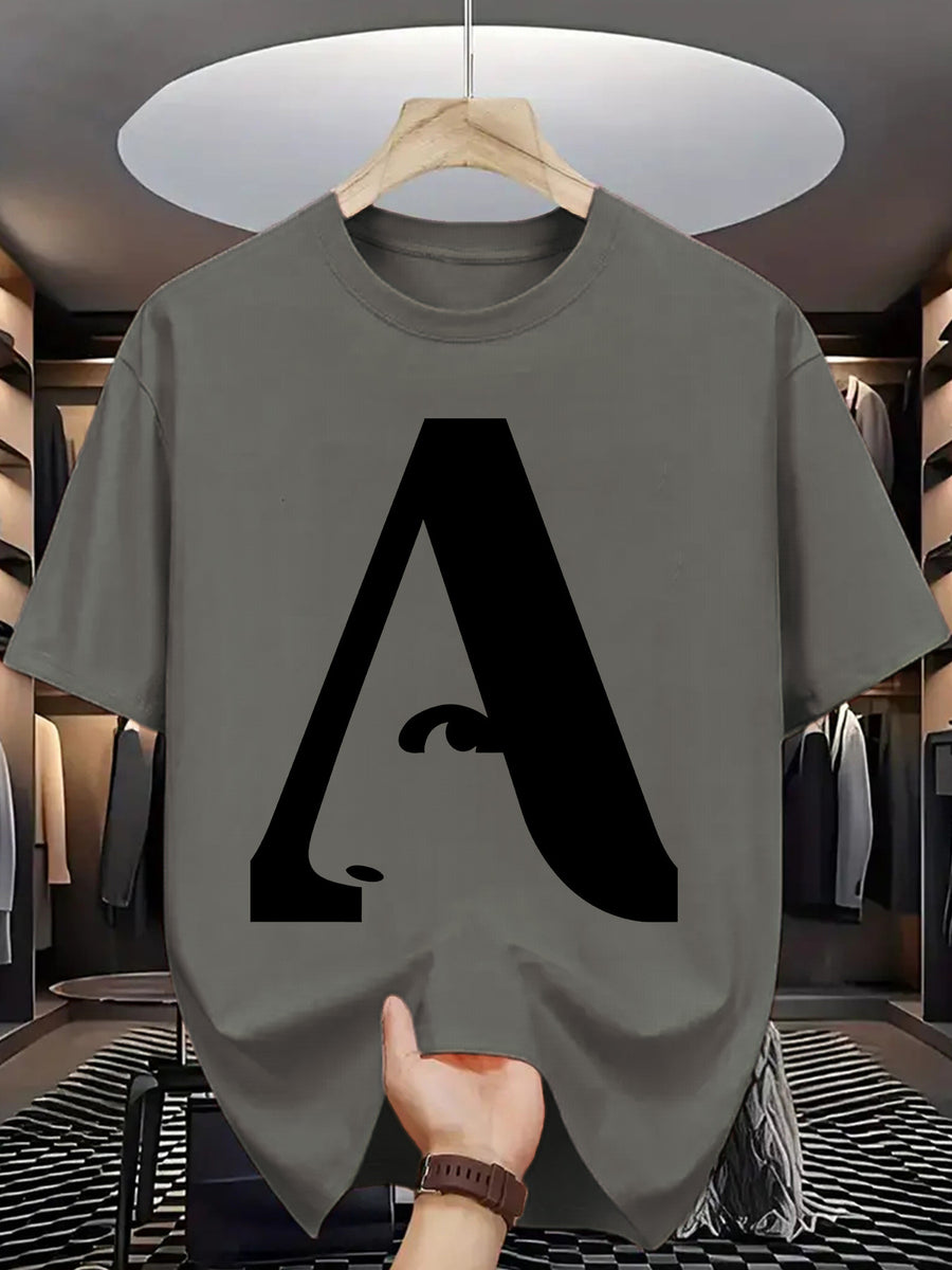 Men's T-Shirt with Letter A Print - Casual Wear - Dark Gray