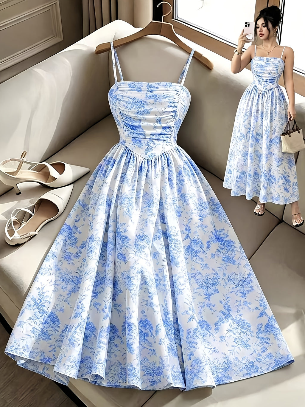 Women'S Elegant Temperament/Cami Dress with Front Pleats And Back Tie, Floral Print Fitted Dress, Waist-Cinching, Gentle Style, Vacation Look, Suitable for Dates, Travel, Parties, Gatherings, Beachwear, Commute - Multicolor