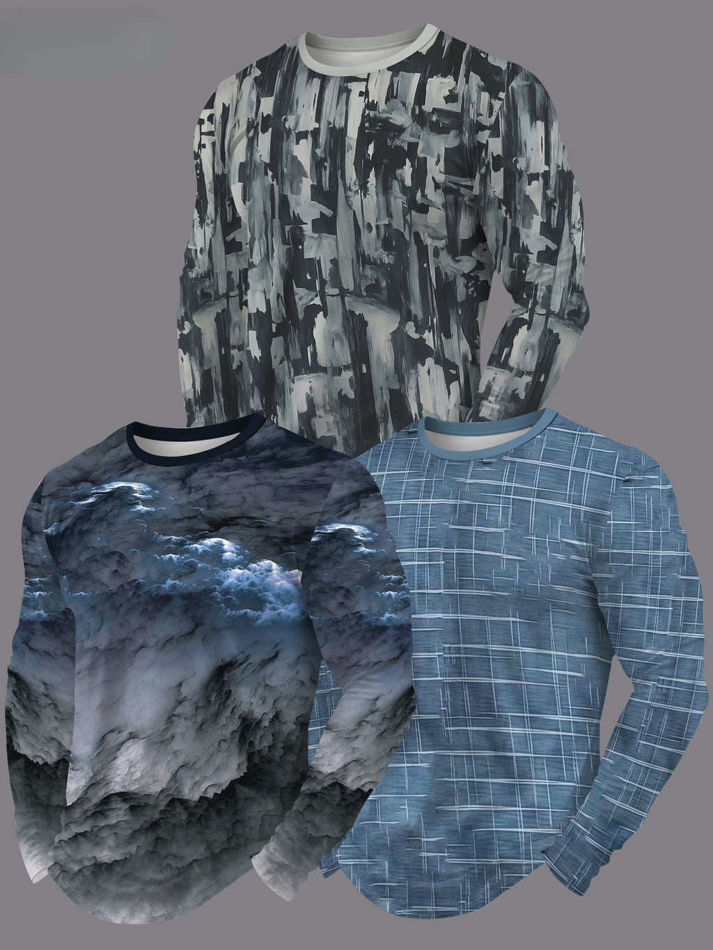 Men'S Round Neck Long Sleeve T-Shirt 3pcs Set Casual Comfortable Home Wear Top Men'S Autumn 3pcs Set [Print Design - No Texture] - Mixed colors