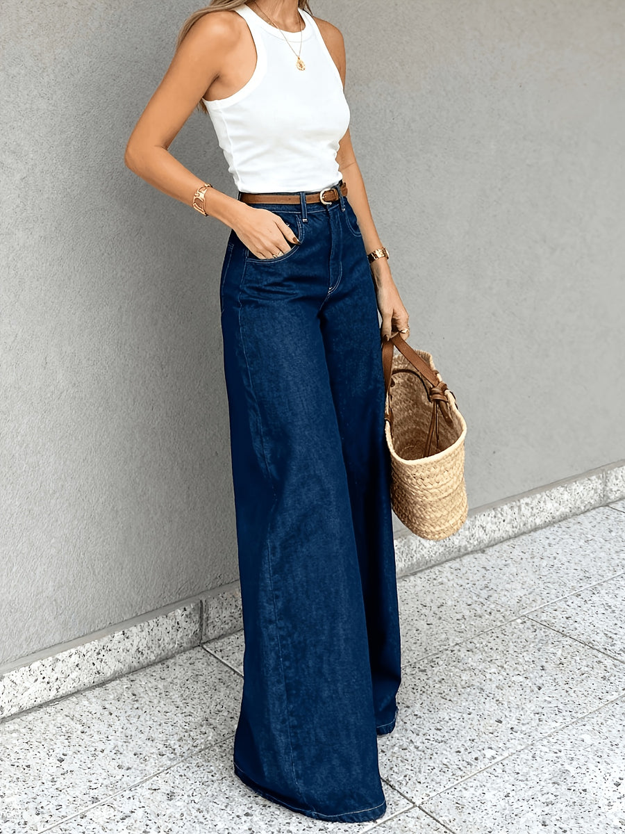 (Belt-Free) French Elegant Commuter Style Women'S Mid-Rise Dark Blue Washed Denim Long Trousers, Straight Wide Leg, Comfortable Fit, Trendy And Avant-Garde, Durable And Comfortable to Wear, Outdoor Casual Fashion Street Wear, Machine Washable - Deep Blue