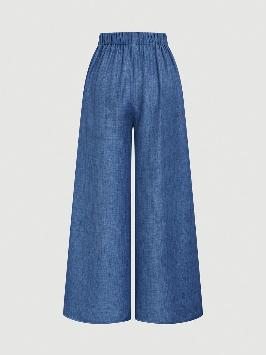 High-Waist Wide-Leg Pants, Women'S Summer Flared Skirt Design, Slim Elegant Commute Casual Trousers - Blue