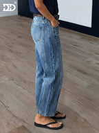 Women's 2026 New Stretch Loose Jeans, Washed Blue Denim Pants, Street Style, High-Waisted Straight-Leg Pants with Pockets, All-Season Tummy Control Mom Jeans, Wide-Leg Boyfriend Casual Trousers for Travel, Work & Office - Light Blue