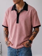 [Villa Le Water OBM] Men'S Heavyweight Patchwork Button-Up Collar American POLO Retro Short Sleeve - Pink