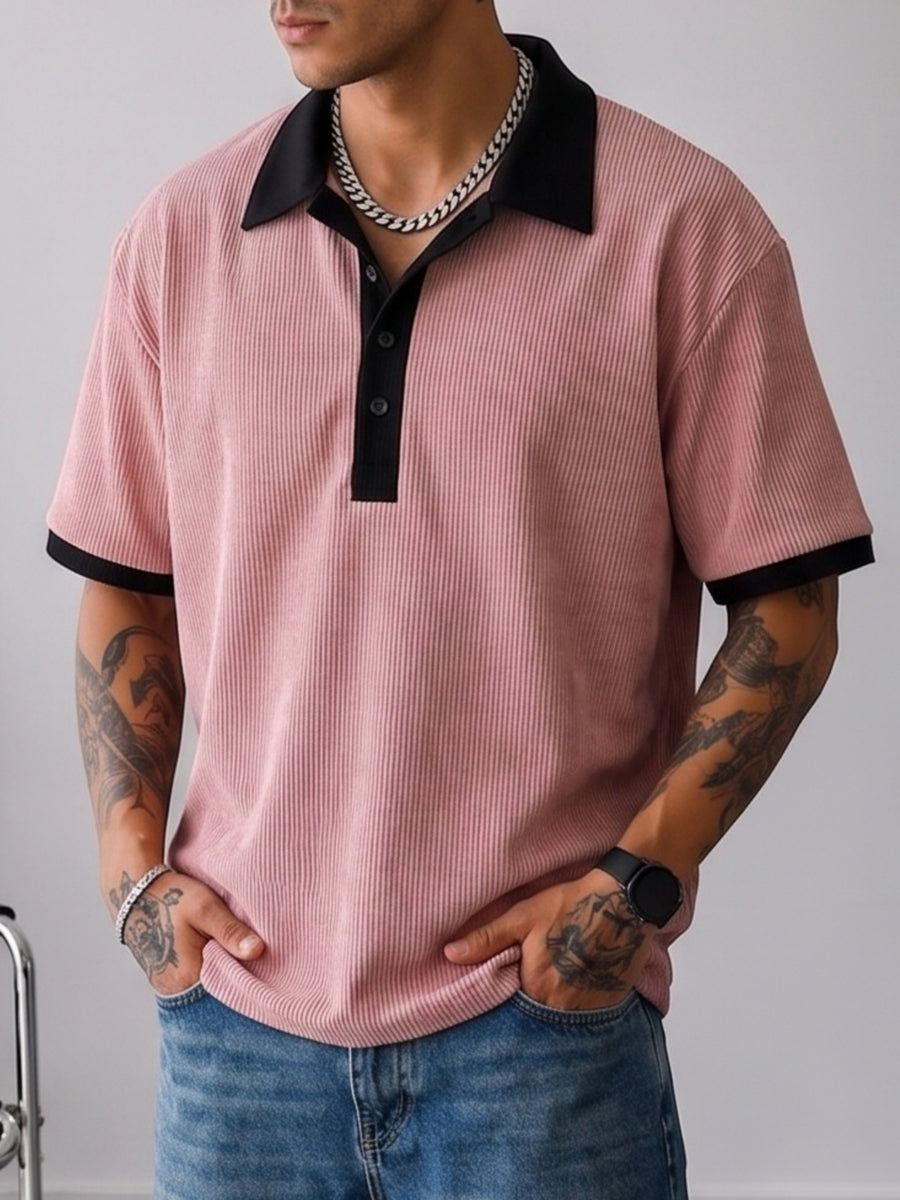 [Villa Le Water OBM] Men'S Heavyweight Patchwork Button-Up Collar American POLO Retro Short Sleeve - Pink