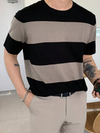 Men'S Premium Textured Striped Crew Neck Knit Sweater | Easy Color Block Slim Fit Short-Sleeved Sweater | European And American Minimalist Style Everyday Versatile Knit T-Shirt - Mixed colors