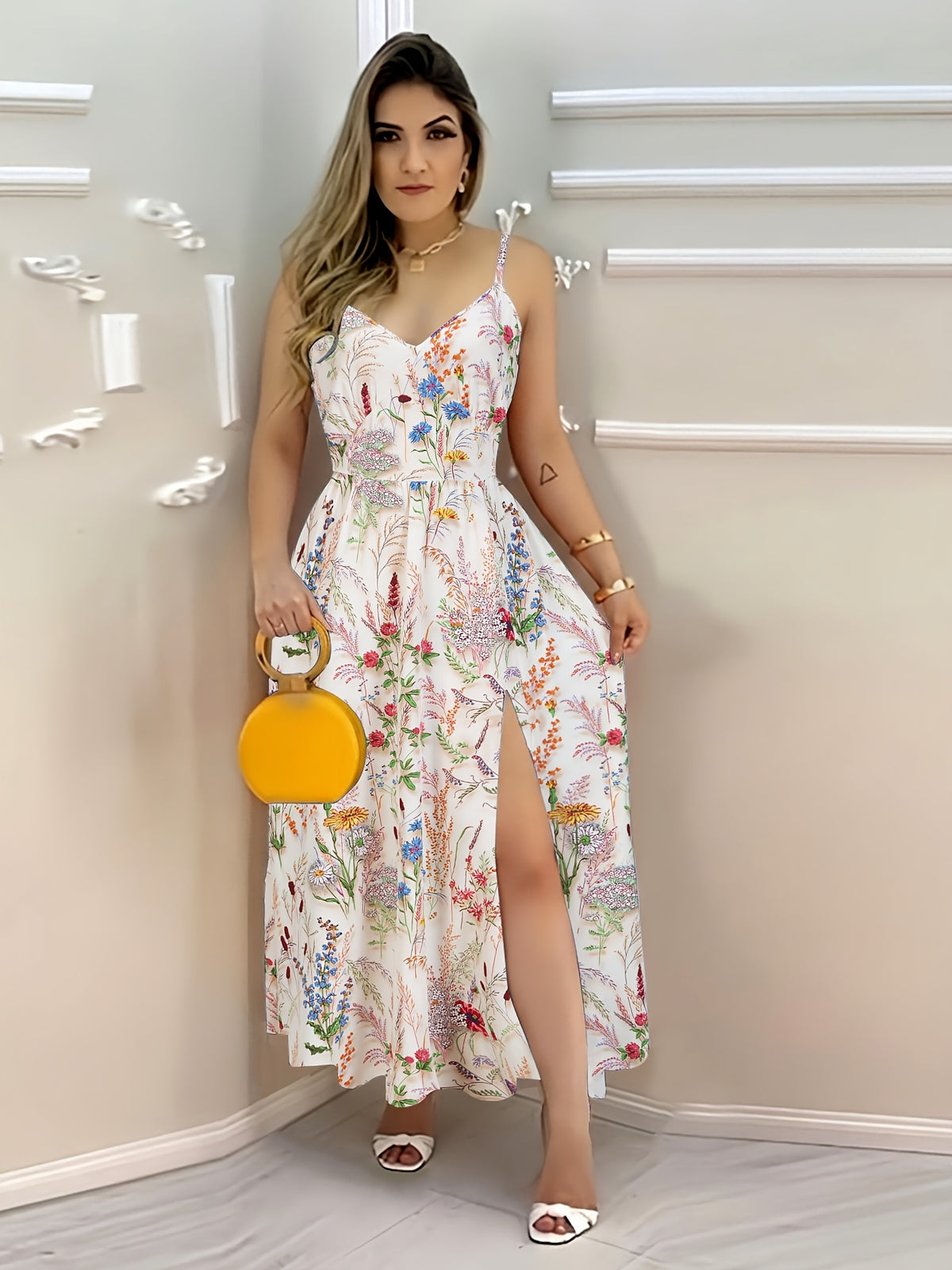 Casual Elegant Chic Bohemian V-Neck Print Dress for Women, Suspender Waist-Cinching Split Slim-Fit Vacation Party Outing Long Dress, Summer Fashion Ladies Polka Dot Print Thin Strap Split Long Dress - Mixed colors
