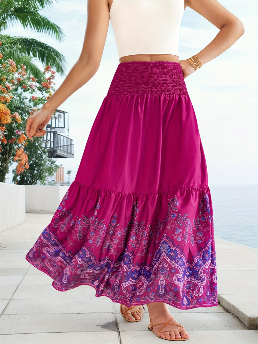 Flower Print Gathered Maxi Skirt - Rose Red