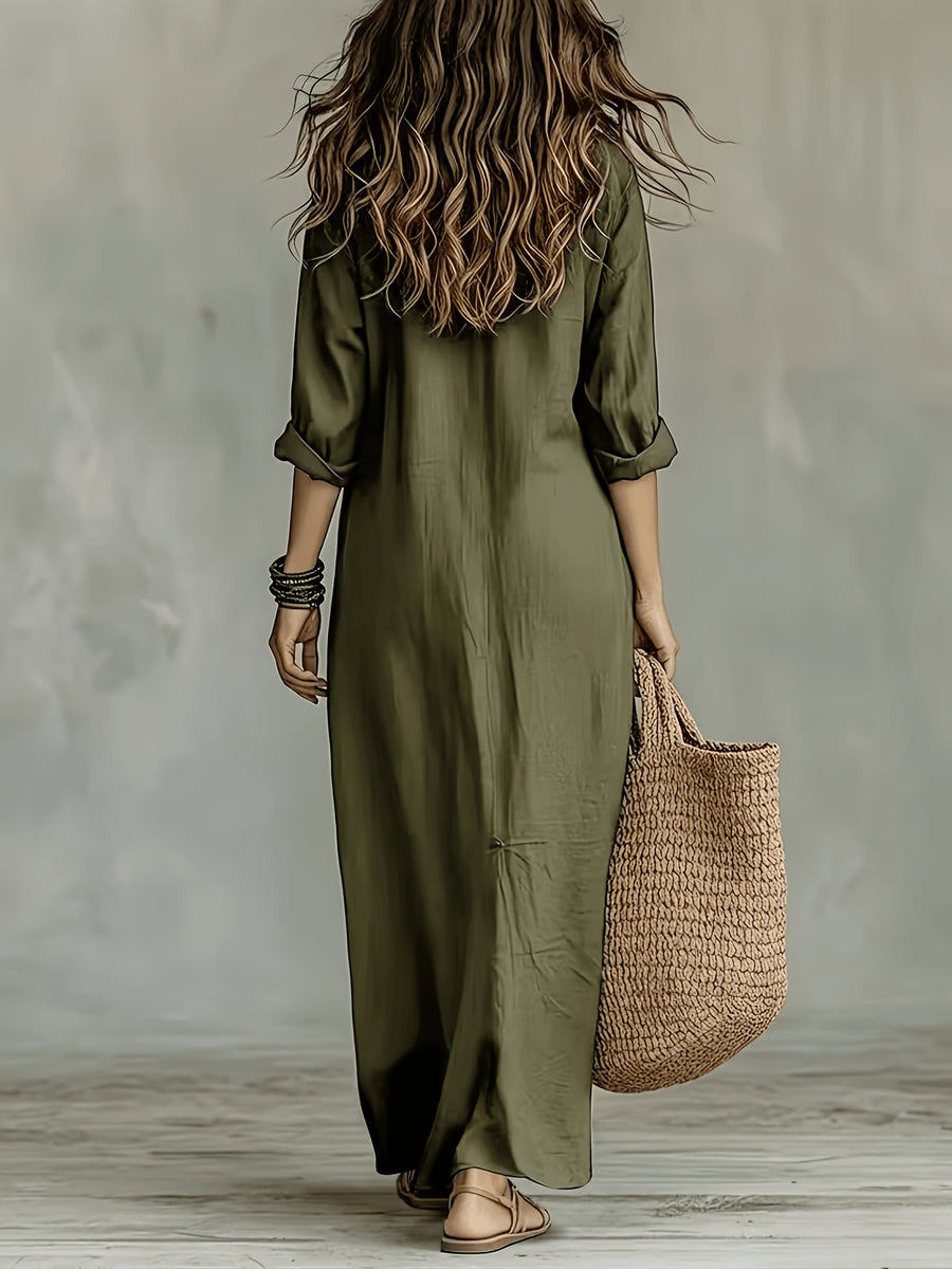 Women'S Spring Summer Autumn Bohemian Solid Color Semi-Open Neck Lapel Long Shirt, Casual Button-Up Relaxed Style Long Sleeve Shirt Dress, Breathable Beach Vacation, Travel, Daily Wear Long Shirt Dress - Tactical Green