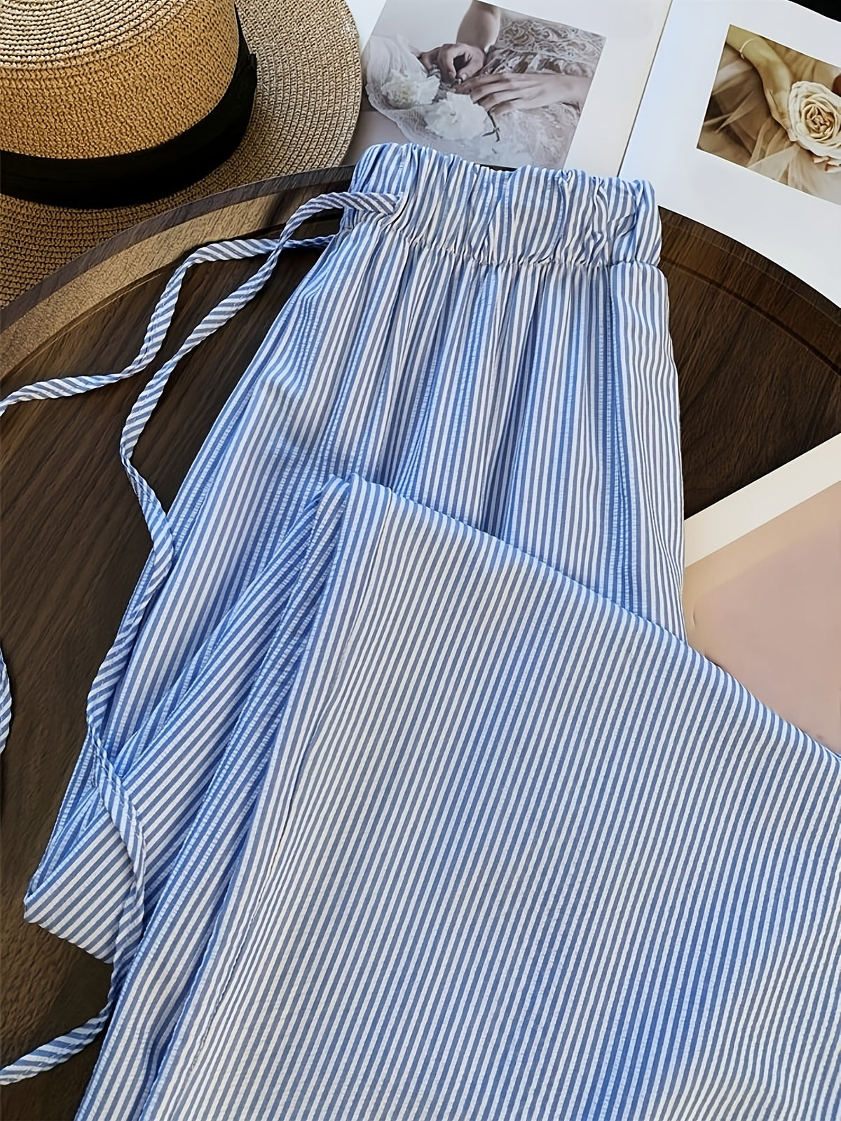 Loose Wide-Leg Pants with Light Blue Stripes in a Fresh And Clean Style - Deep Sky Blue
