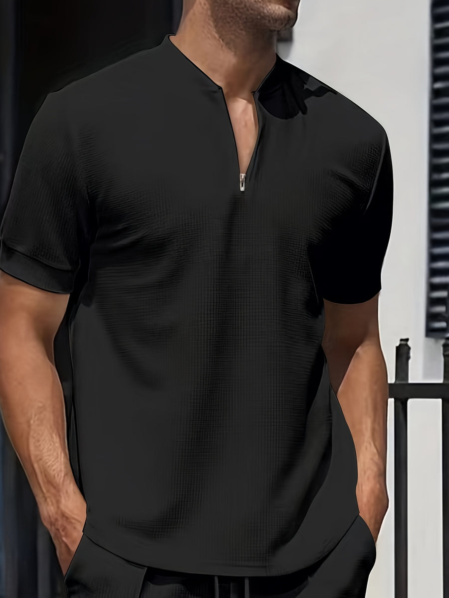 Men'S Waffle Breathable Polo Shirt, Solid Color Stand Collar Half-Zip Short-Sleeve Top, Soft And Comfortable Garment for Outdoor Trips And Daily Wear - Black