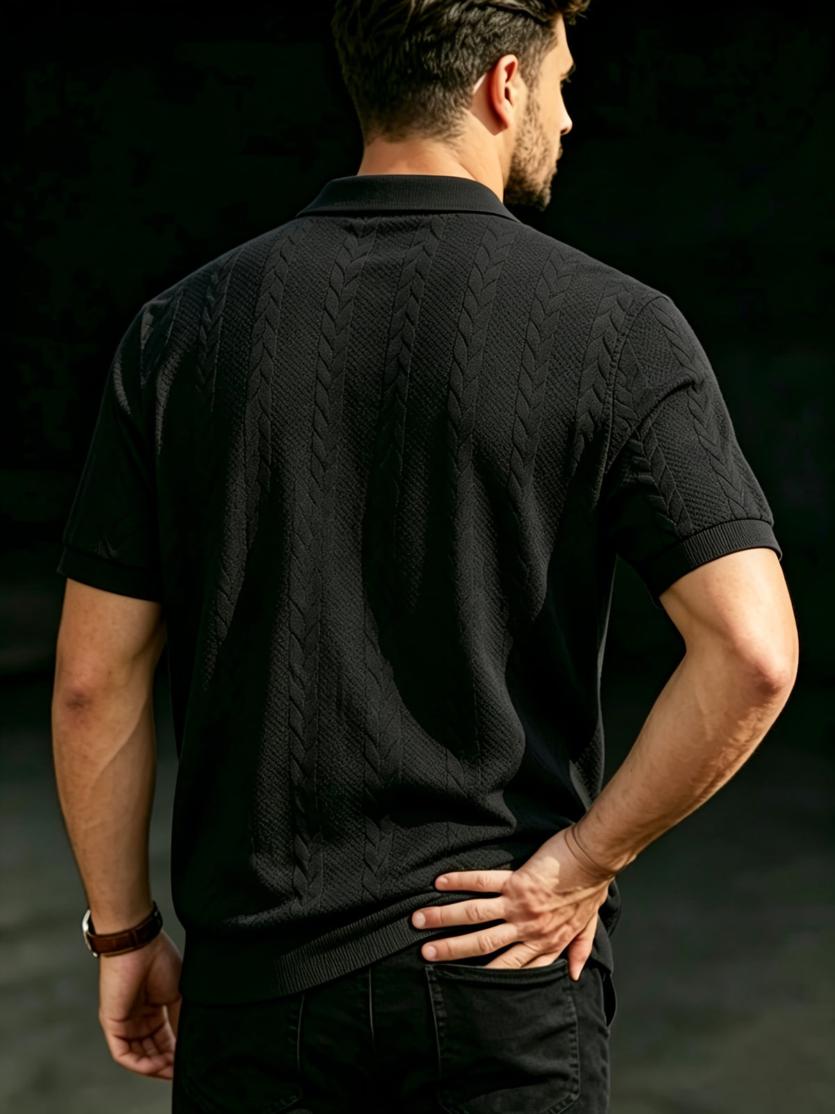 Men's Summer Jacquard Ribbed Lapel Short-Sleeve T-Shirt, Simple Casual Breathable Business Versatile Knitted Polo Shirt - Black