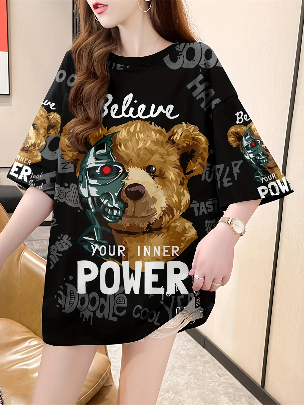 Women's Plus Size Oversized Graphic T-Shirt - Cute Cartoon Bear & Inspirational Text Print, Breathable Stretchy Fabric, Longline Casual Top for Spring Summer Fall, Bear T Shirt, Spring Fashion, Round Neckline, Nontransparent Material, Machine Washable - K170-B
