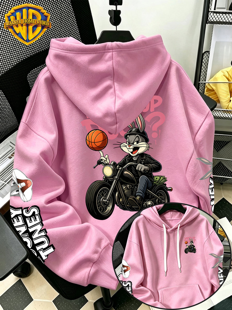 [Warner Bros] Licensed Men'S New Trendy Hoodie, Biker Motorcycle Basketball Street Cartoon Print Casual Pullover Sweatshirt, Everyday Drawstring Loose Top, Machine Washable All-Match Sports Casual Men'S Top - Pink Color