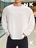 Men's Casual Long-Sleeve T-Shirt, Gym Training Top, Loose and Breathable Pullover, Crew Neck Base Layer, Textured Knit Sweatshirt - White