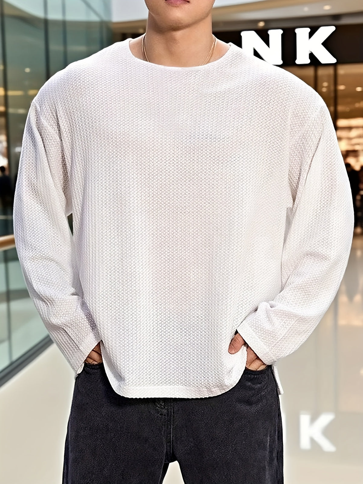 Men's Casual Long-Sleeve T-Shirt, Gym Training Top, Loose and Breathable Pullover, Crew Neck Base Layer, Textured Knit Sweatshirt - White