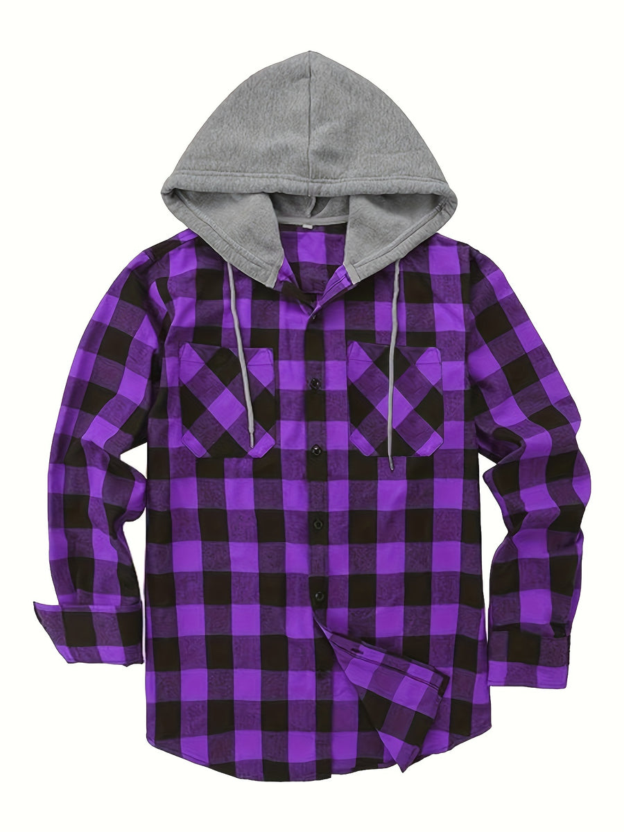 Men's Fashion Hooded Plaid Trendy Shirt Hooded Plaid Sweatshirt, Autumn/Winter Essentials, New Season - Dark Violet