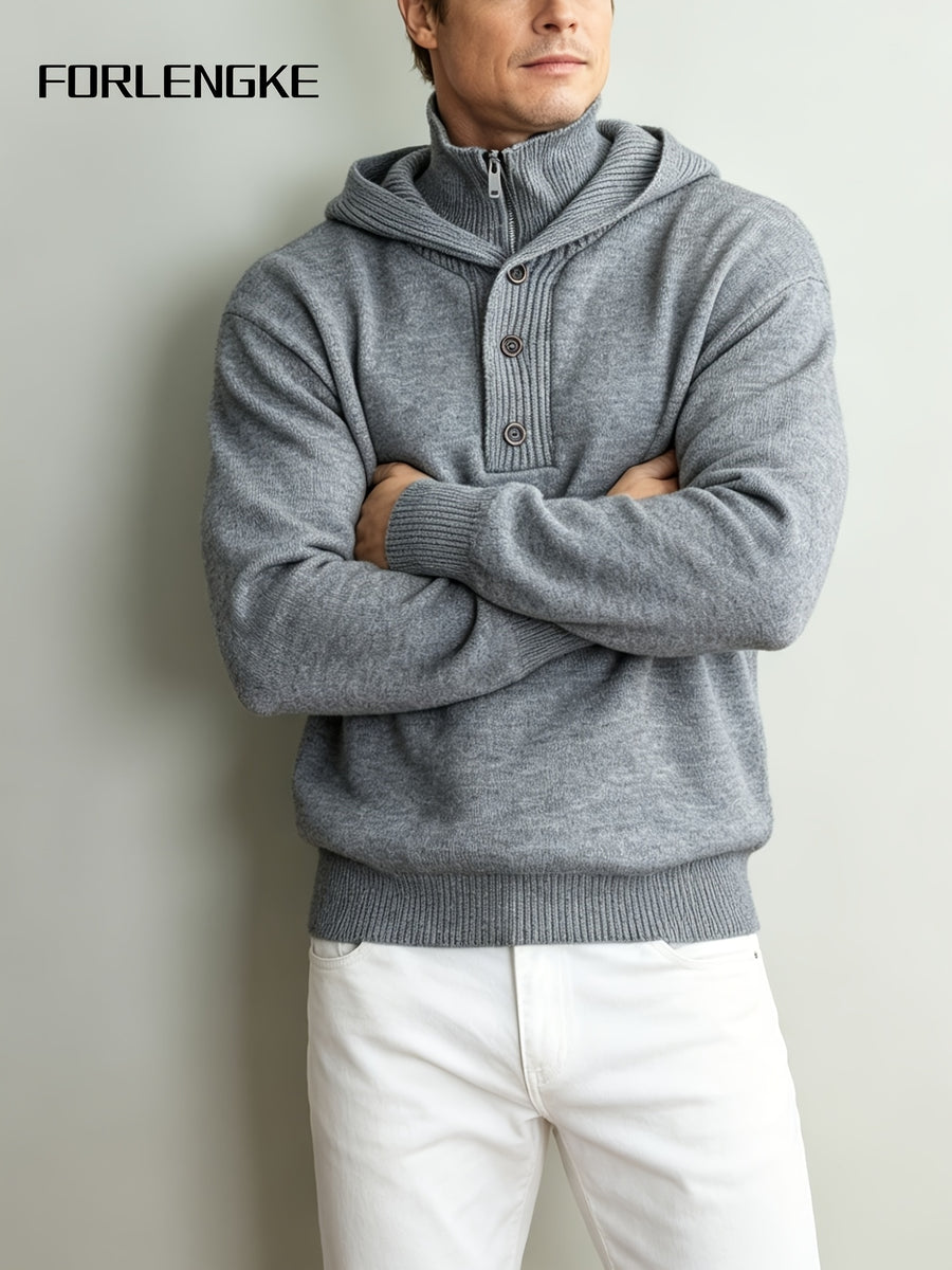FORLENGKE Men'S Urban Wandering Commuter Style Hooded Half-Zip Knit Sweater, Adjustable Hood with Buckle, Heavy Knit for Temperature Fluctuations, Comfortable for Long Sitting, Suitable for Commuting, Exhibitions, Cafes, Social Gatherings - Light Grey