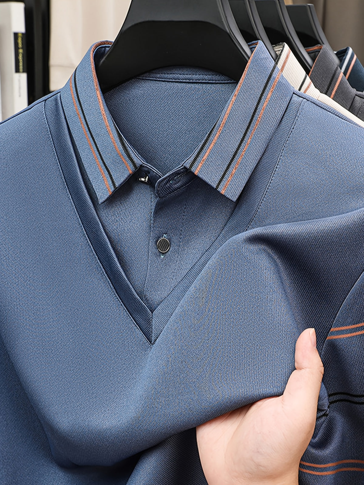 Men's Striped Lapel 2-in-1 Look Long-Sleeve Top, Spring/Autumn Style, Wearable as a Standalone or Layering Piece, Simple Business Casual Style - Blue