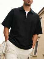 Half-zip Solid Color Polo Shirt, Simple Casual Versatile Top, Men's Lightweight Short-sleeve for Commuting - Black