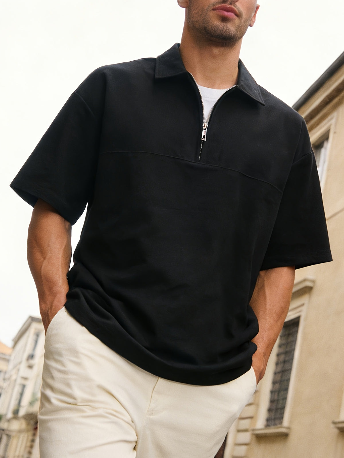 Half-zip Solid Color Polo Shirt, Simple Casual Versatile Top, Men's Lightweight Short-sleeve for Commuting - Black