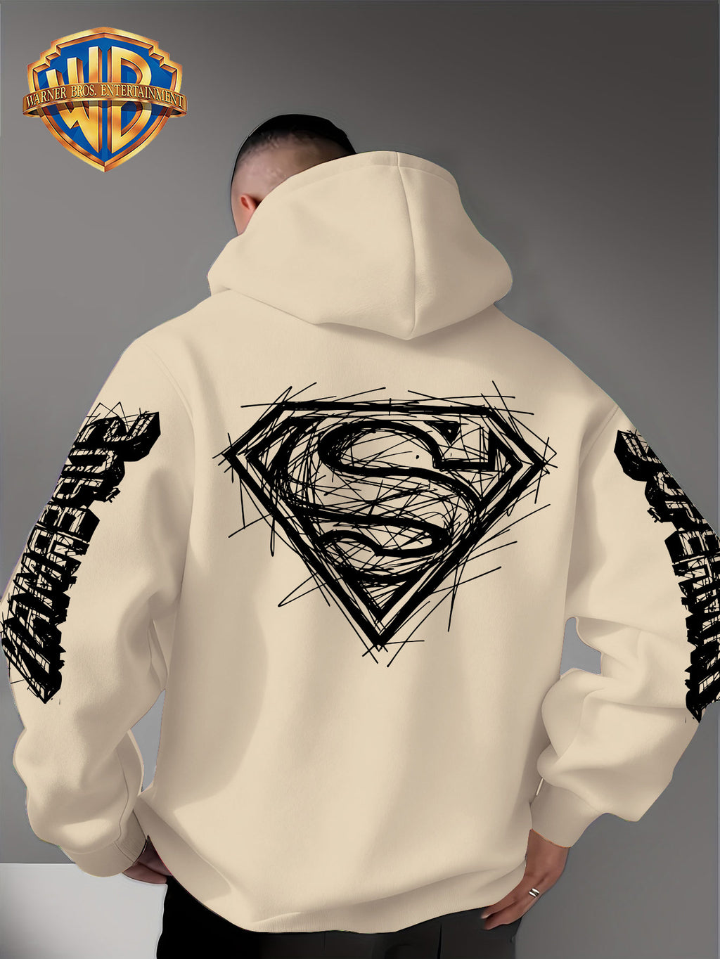 Warner Bros Official Superman Logo Print Men's Trendy Hooded Sweatshirt, Featuring Sleeve Print Design, Kangaroo Pocket, and Drawstring Hood, Suitable for Daily Wear in Autumn and Winter as Well as Outdoor Sports - a Must-have Item for Trend - Apricot